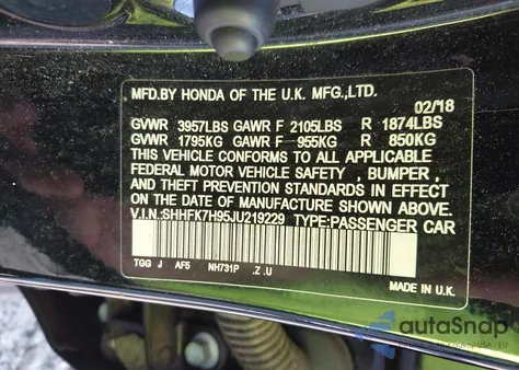 2018 Honda Civic Sport Touring из США, поврежденный, VIN SHHFK7H95JU219229